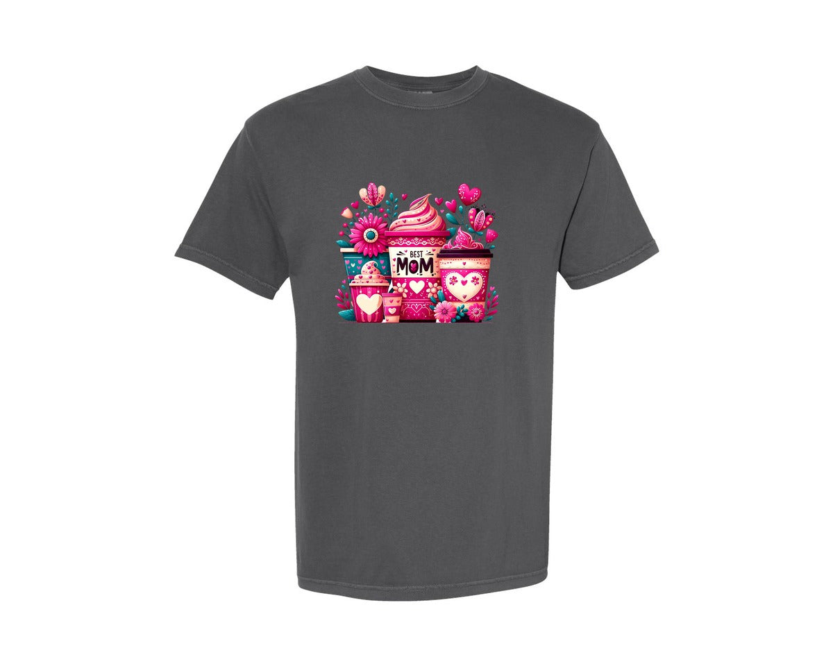 brand:Comfort Colors|color:Pepper|Mothers Day Floral Coffee Cups Sub Graphic T-Shirt
