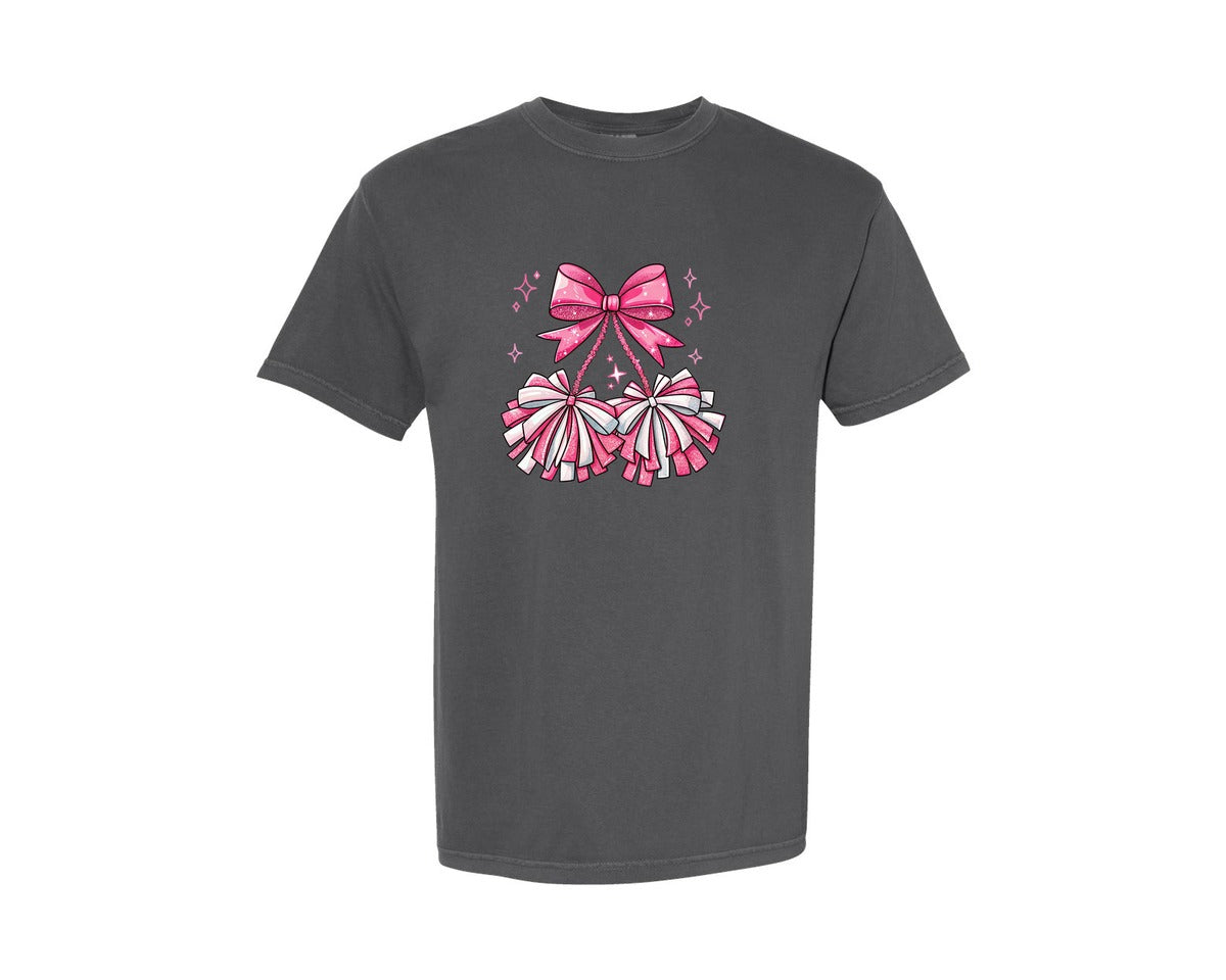 brand:Comfort Colors|color:Pepper|Pink Pom Pom Bow Coquette Cheer 2 Graphic T-Shirt