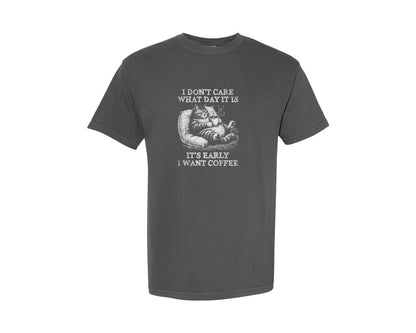 brand:Comfort Colors|color:Pepper|Cat Dont Care Just Want Coffee Shirt Graphic T-Shirt