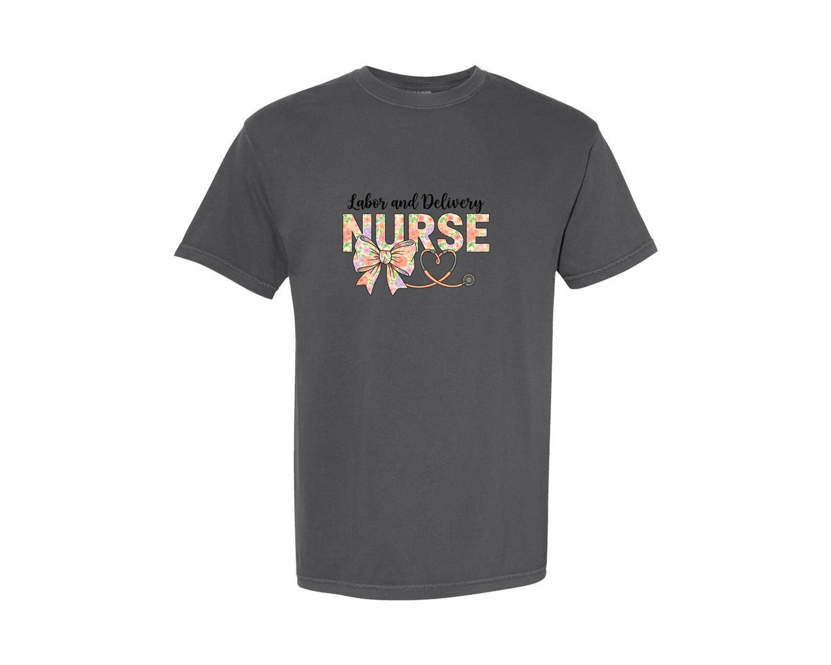 brand:Comfort Colors|color:Pepper|Labor And Delivery Nurse Floral Graphic T-Shirt