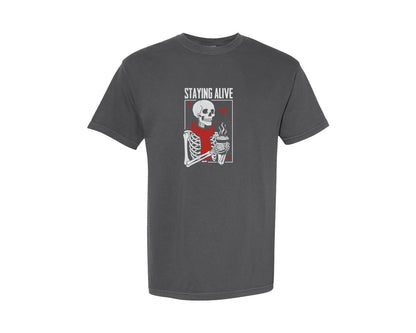 brand:Comfort Colors|color:Pepper|Staying Alive Skeleton Coffee T Shirt Graphic T-Shirt