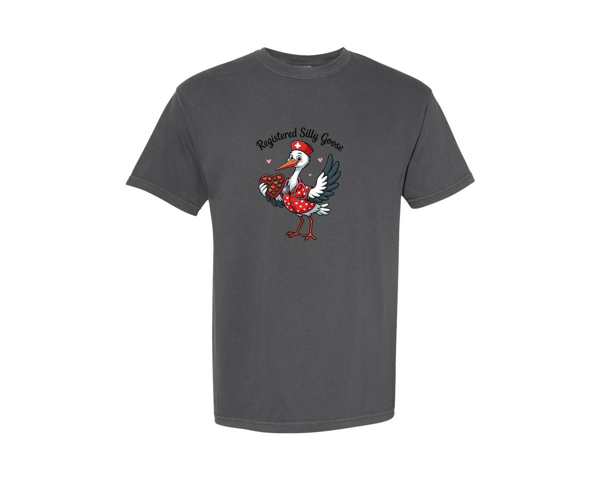 brand:Comfort Colors|color:Pepper|Funny Silly Registered Nurse Goose Graphic T-Shirt