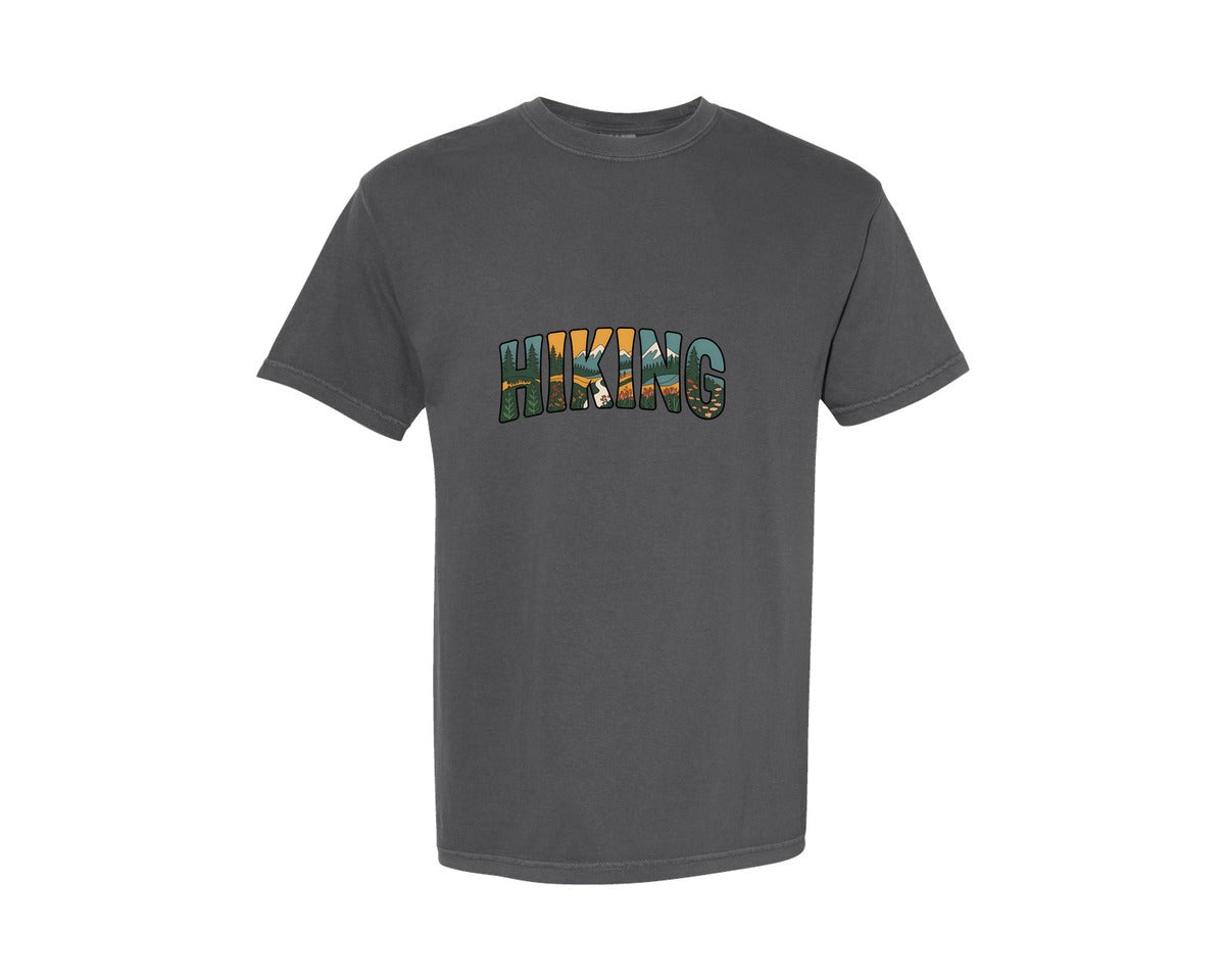 brand:Comfort Colors|color:Pepper|Hiking Word Art Retro Outdoor Nature Graphic T-Shirt