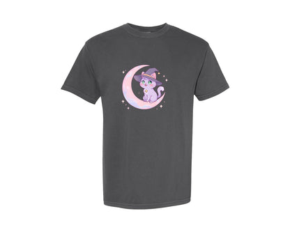 brand:Comfort Colors|color:Pepper|Witch Cat On Crescent Moon Graphic T-Shirt