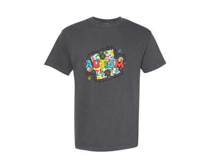 brand:Comfort Colors|color:Pepper|Autism Awareness Puzzle Bow Autism Graphic T-Shirt