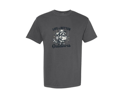 brand:Comfort Colors|color:Pepper|Life Is Better Outdoors Hiking Raccoon Graphic T-Shirt