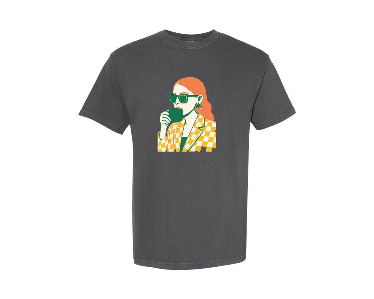brand:Comfort Colors|color:Pepper|Trendy Woman Drinking Coffee Graphic T-Shirt