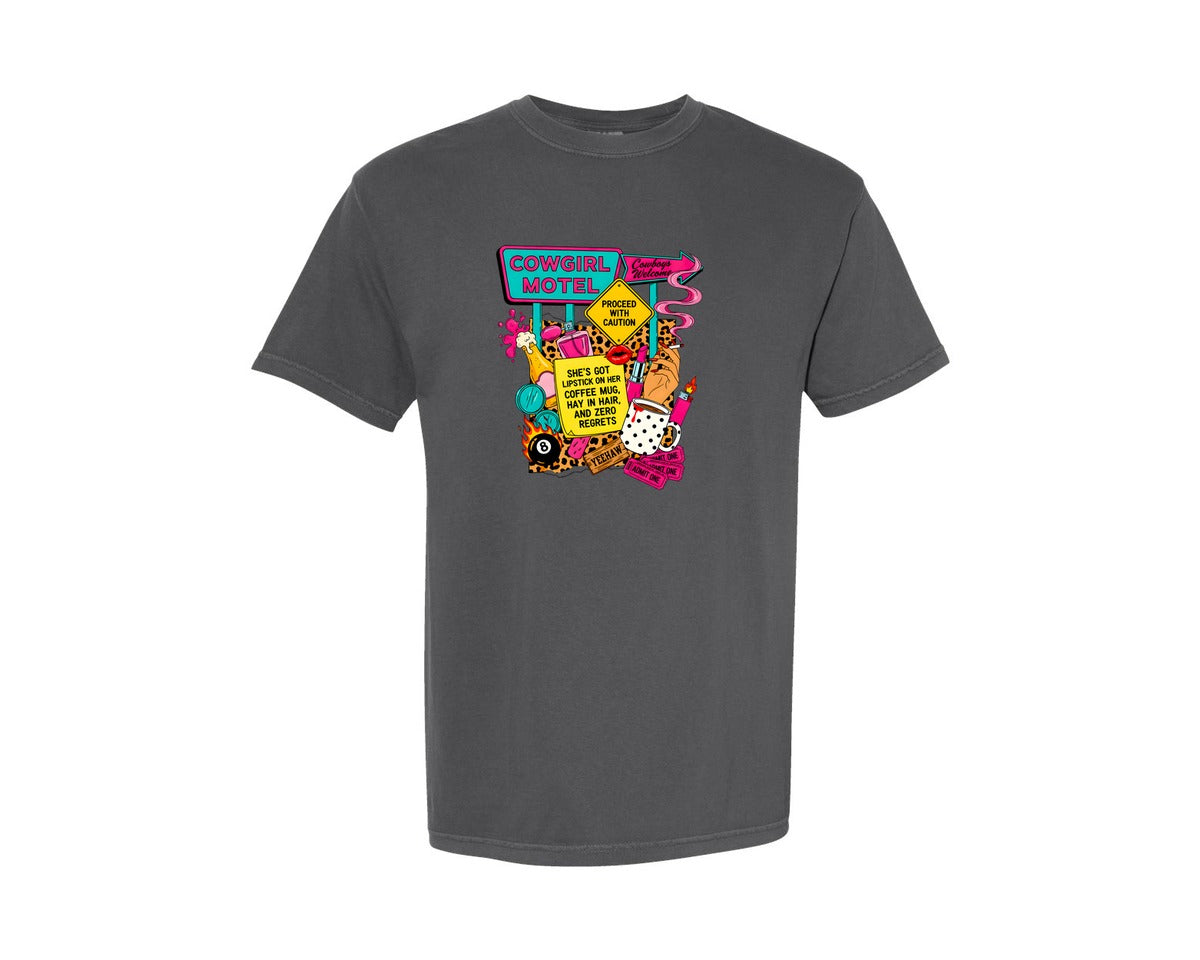 brand:Comfort Colors|color:Pepper|Cowgirl Motel Collage Western Graphic T-Shirt