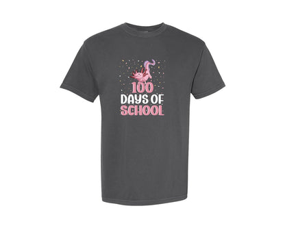 brand:Comfort Colors|color:Pepper|Cute Pink Axolotl 100 Days Of School Graphic T-Shirt