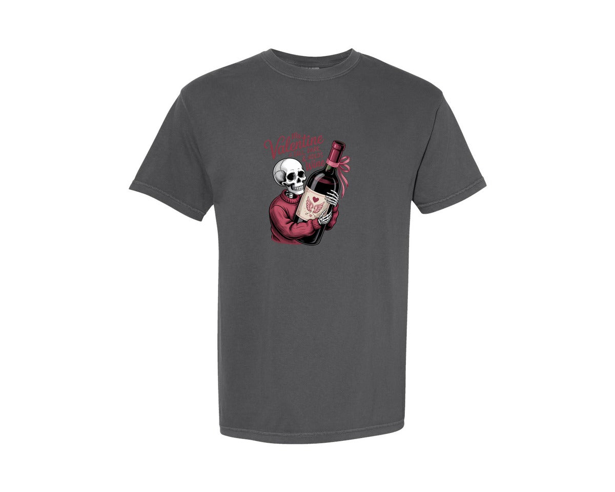 brand:Comfort Colors|color:Pepper|Skeleton Wine Valentines Day Shirt Graphic T-Shirt