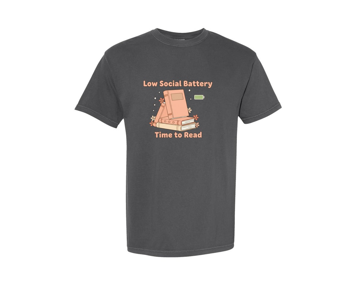 brand:Comfort Colors|color:Pepper|Low Social Battery Time To Read 8 Graphic T-Shirt