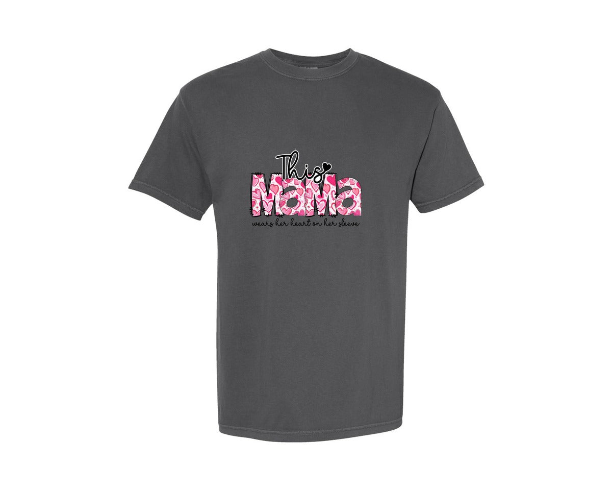brand:Comfort Colors|color:Pepper|This Mama Wears Her Heart Sleeve Design Graphic T-Shirt