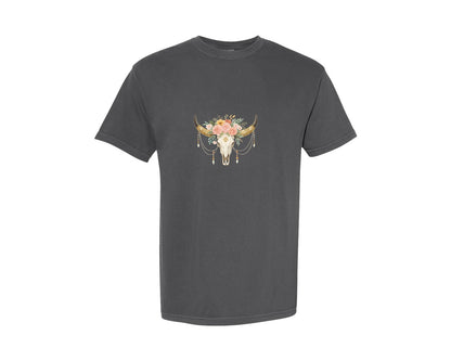 brand:Comfort Colors|color:Pepper|Rose Flowers Western Bull Skull Longhorn 5 Graphic T-Shirt