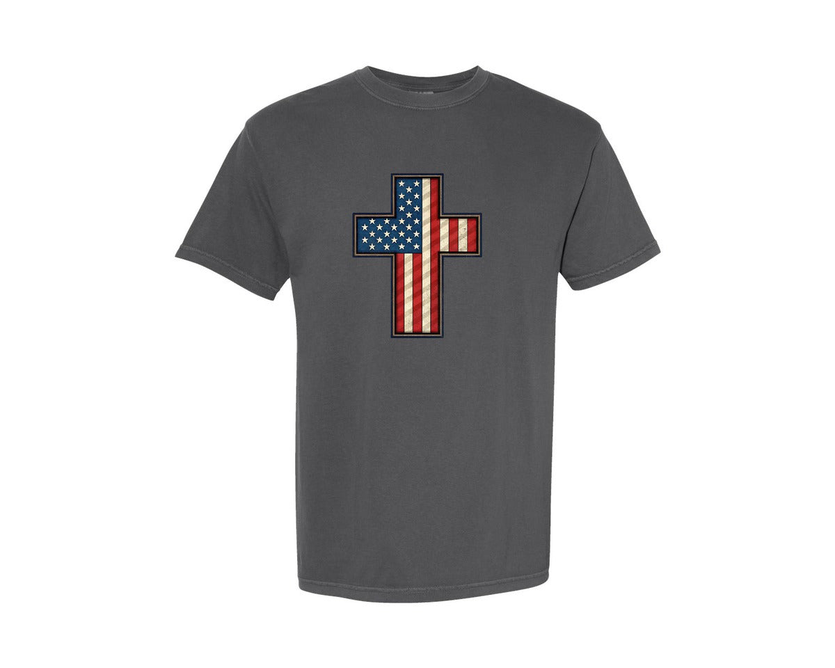 brand:Comfort Colors|color:Pepper|Patriotic Usa Flag Cross 4Th Of July Graphic T-Shirt