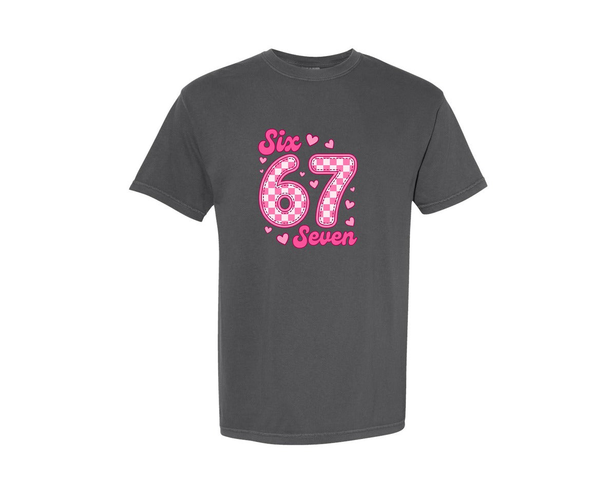 brand:Comfort Colors|color:Pepper|67 Pink Checkered Valentine Graphic T-Shirt