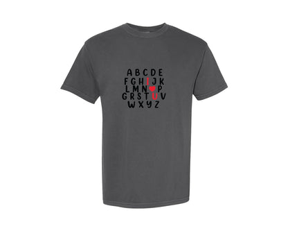 brand:Comfort Colors|color:Pepper|Valentine Alphabet I Love You 4 Graphic T-Shirt