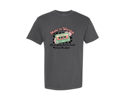 brand:Comfort Colors|color:Pepper|Made To Worship Retro Cassette Tape Graphic T-Shirt