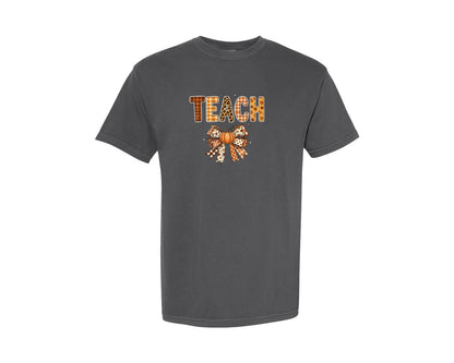 brand:Comfort Colors|color:Pepper|Autumn Plaid Leopard Print Teacher Graphic T-Shirt