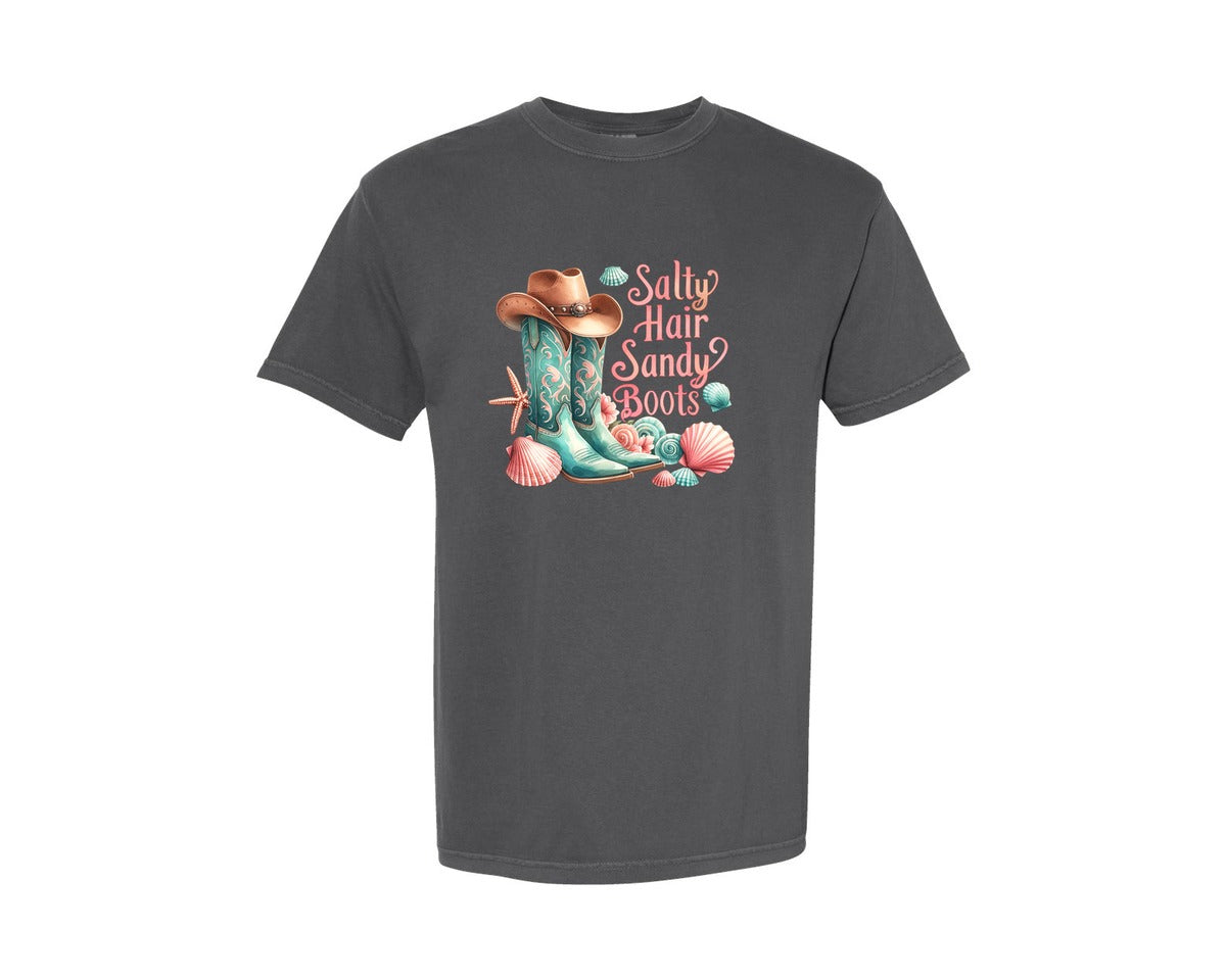 brand:Comfort Colors|color:Pepper|Cowgirl Salty Hair Sandy Boots Graphic T-Shirt
