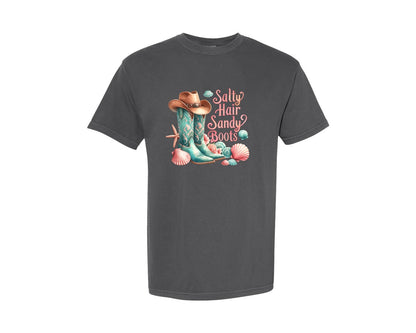 brand:Comfort Colors|color:Pepper|Cowgirl Salty Hair Sandy Boots Graphic T-Shirt