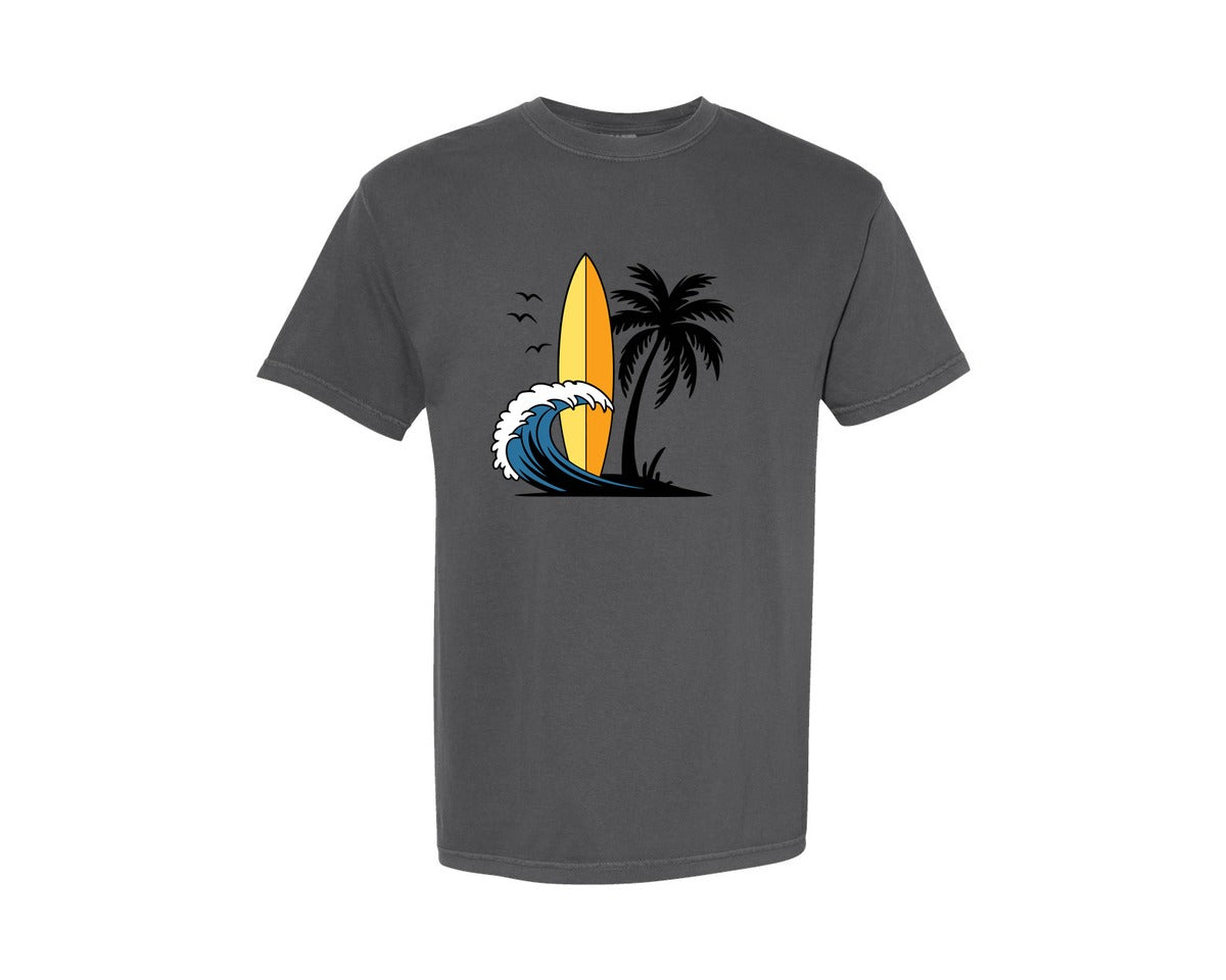 brand:Comfort Colors|color:Pepper|Surfboard With Ocean Wave And Palm Tree Graphic T-Shirt