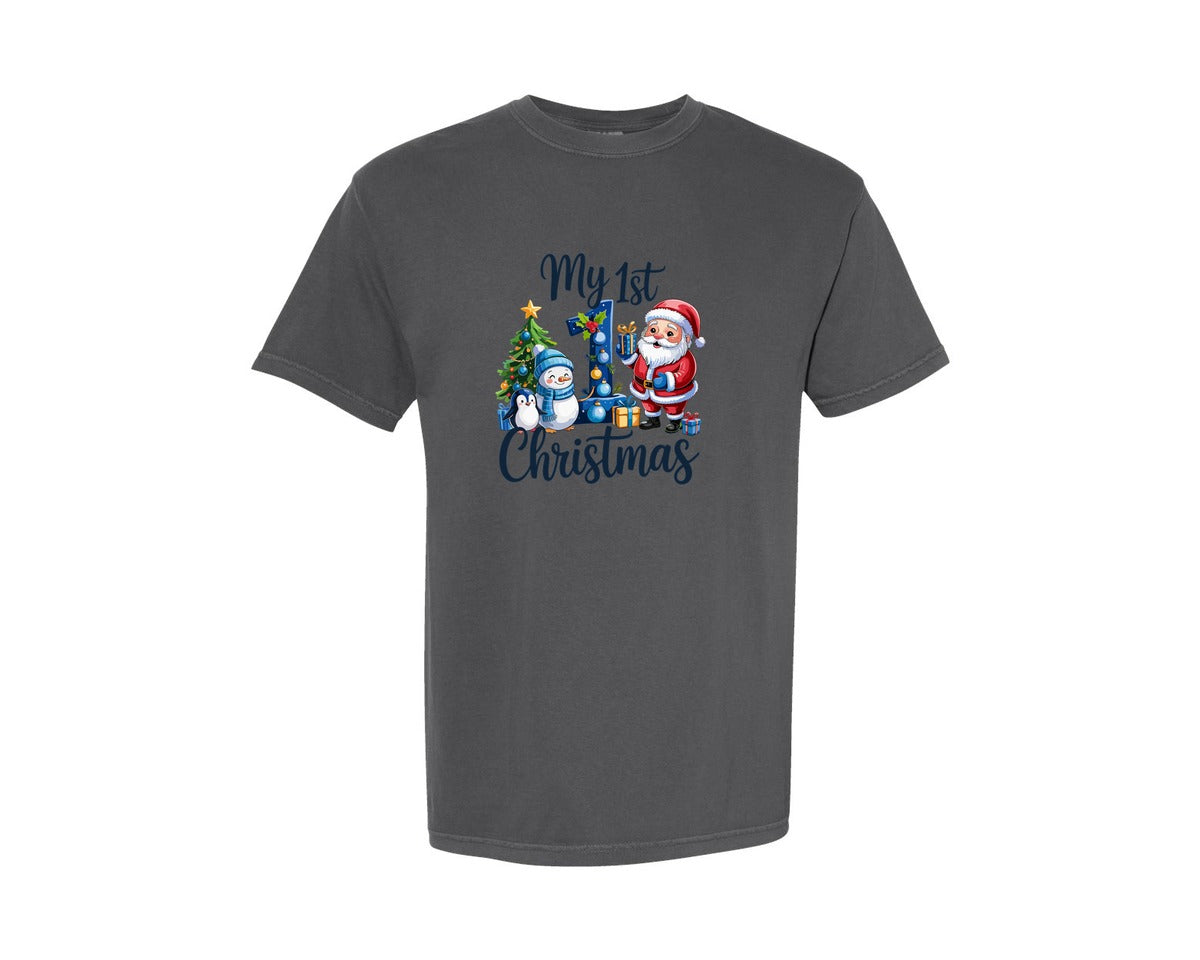 brand:Comfort Colors|color:Pepper|My First 1St Christmas Blue Baby Boy Graphic T-Shirt
