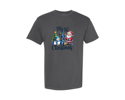 brand:Comfort Colors|color:Pepper|My First 1St Christmas Blue Baby Boy Graphic T-Shirt