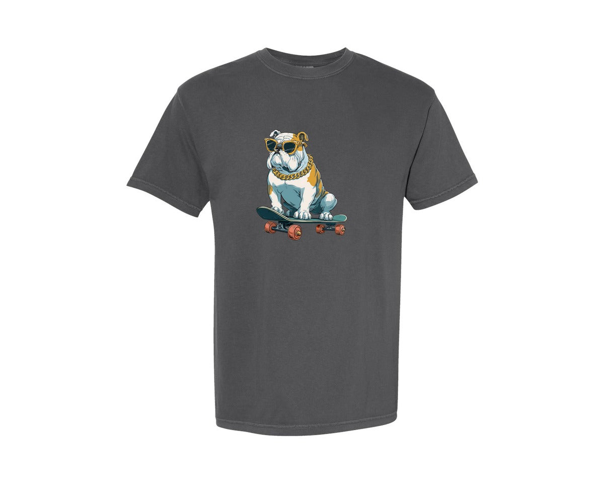 brand:Comfort Colors|color:Pepper|Cool Bulldog On Skateboard Artwork Graphic T-Shirt