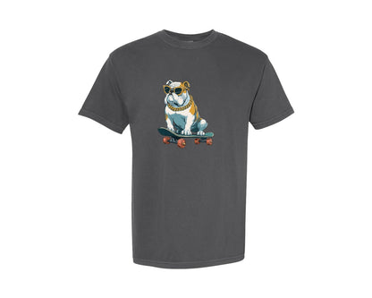 brand:Comfort Colors|color:Pepper|Cool Bulldog On Skateboard Artwork Graphic T-Shirt