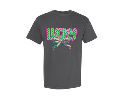 brand:Comfort Colors|color:Pepper|Lucky St Patricks Day Aesthetic Graphic T-Shirt