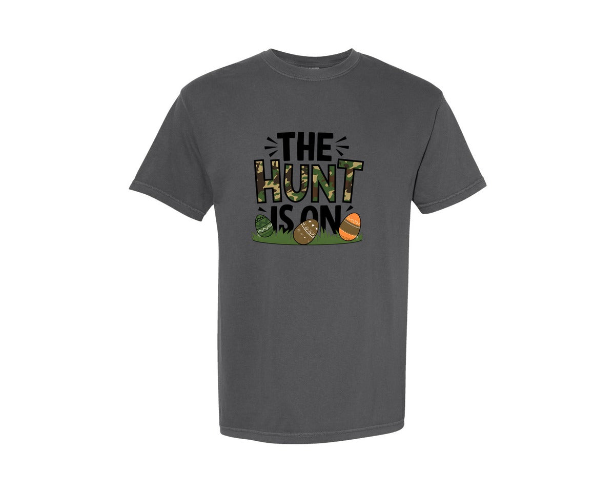 brand:Comfort Colors|color:Pepper|The Hunt Is On Camo Easter Egg Camo Graphic T-Shirt