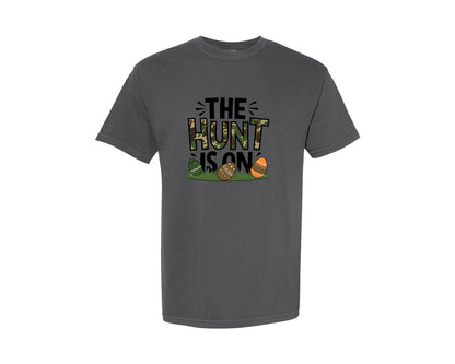 brand:Comfort Colors|color:Pepper|The Hunt Is On Camo Easter Egg Camo Graphic T-Shirt