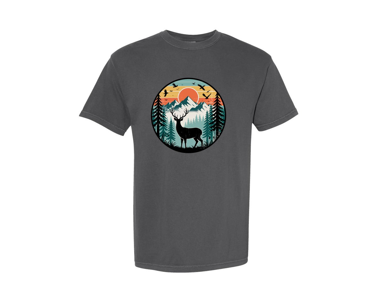 brand:Comfort Colors|color:Pepper|Deer Sunset Vector Graphic T-Shirt