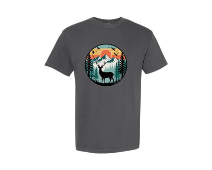 brand:Comfort Colors|color:Pepper|Deer Sunset Vector Graphic T-Shirt