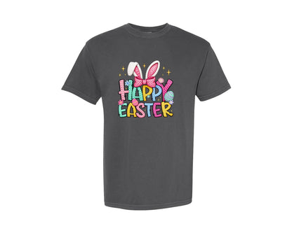 brand:Comfort Colors|color:Pepper|Happy Easter Faux Crochet Graphic T-Shirt