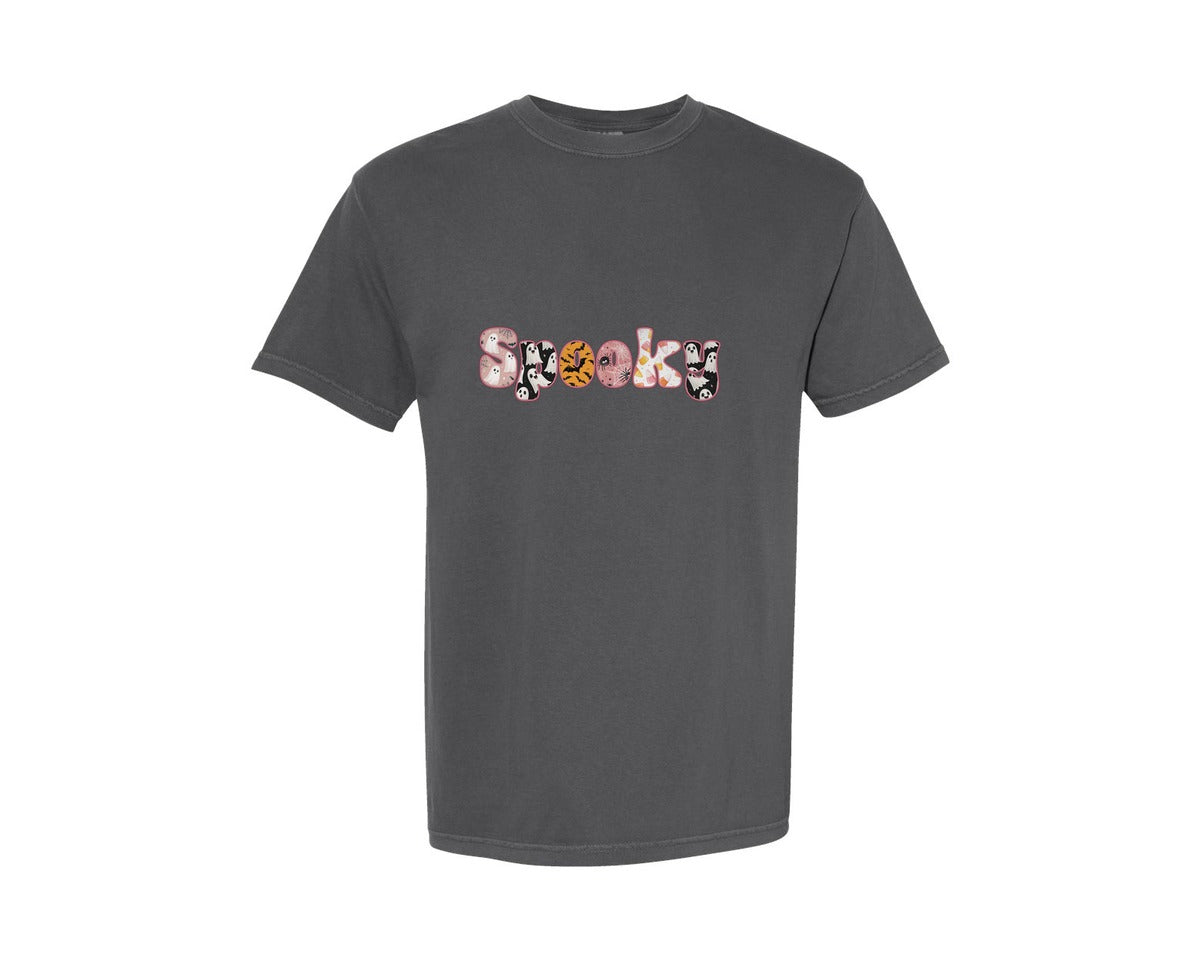 brand:Comfort Colors|color:Pepper|Faux Embroidery Spooky Fall Fall Graphic T-Shirt