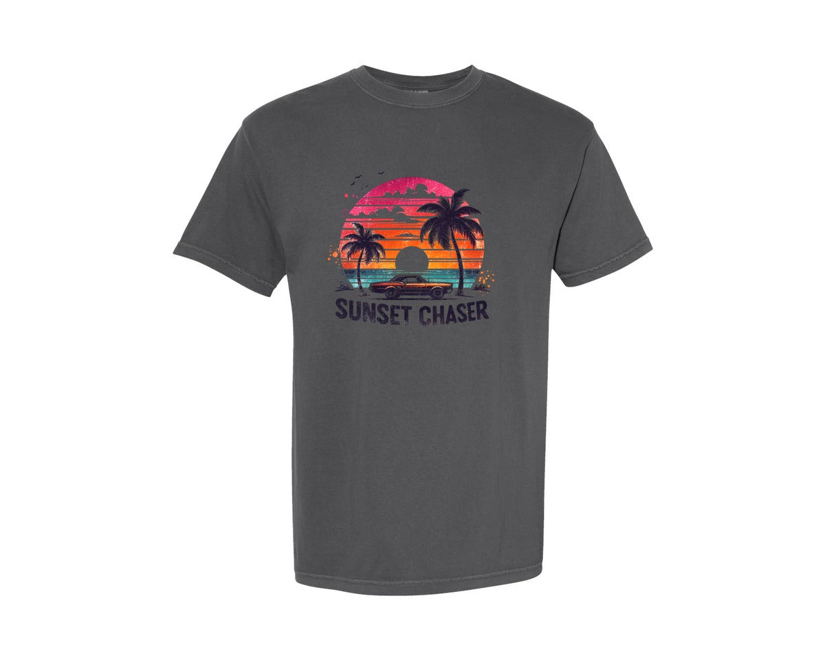 brand:Comfort Colors|color:Pepper|Retro Car Beach Sunset Chaser Graphic T-Shirt