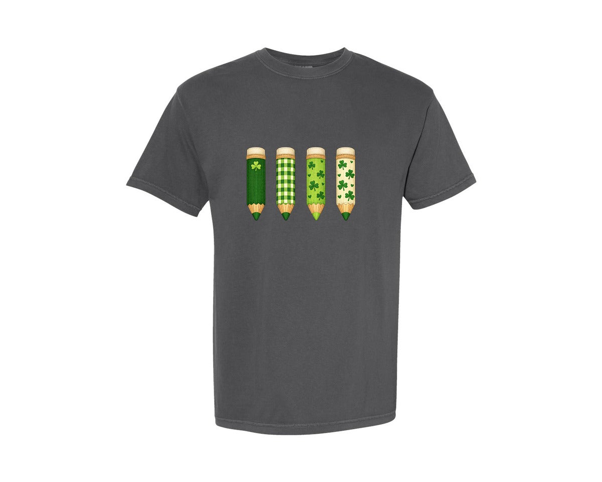 brand:Comfort Colors|color:Pepper|Lucky Irish Shamrock Pencils Set Graphic T-Shirt