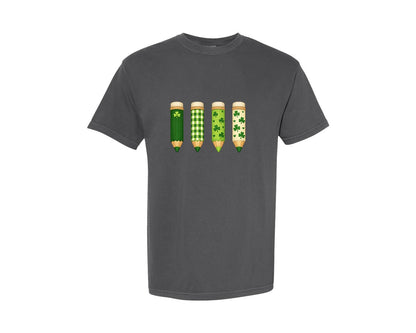 brand:Comfort Colors|color:Pepper|Lucky Irish Shamrock Pencils Set Graphic T-Shirt