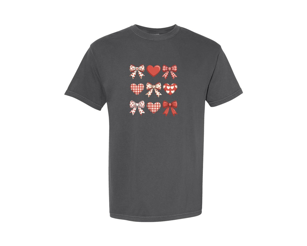 brand:Comfort Colors|color:Pepper|Cute Happy Valentine Bow Hearts Graphic T-Shirt