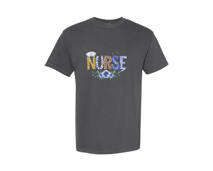 brand:Comfort Colors|color:Pepper|Hospital Nurse Medic Blue Flowers Graphic T-Shirt