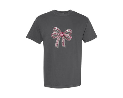 brand:Comfort Colors|color:Pepper|Rhinestone Glitter Christmas Bow Graphic T-Shirt