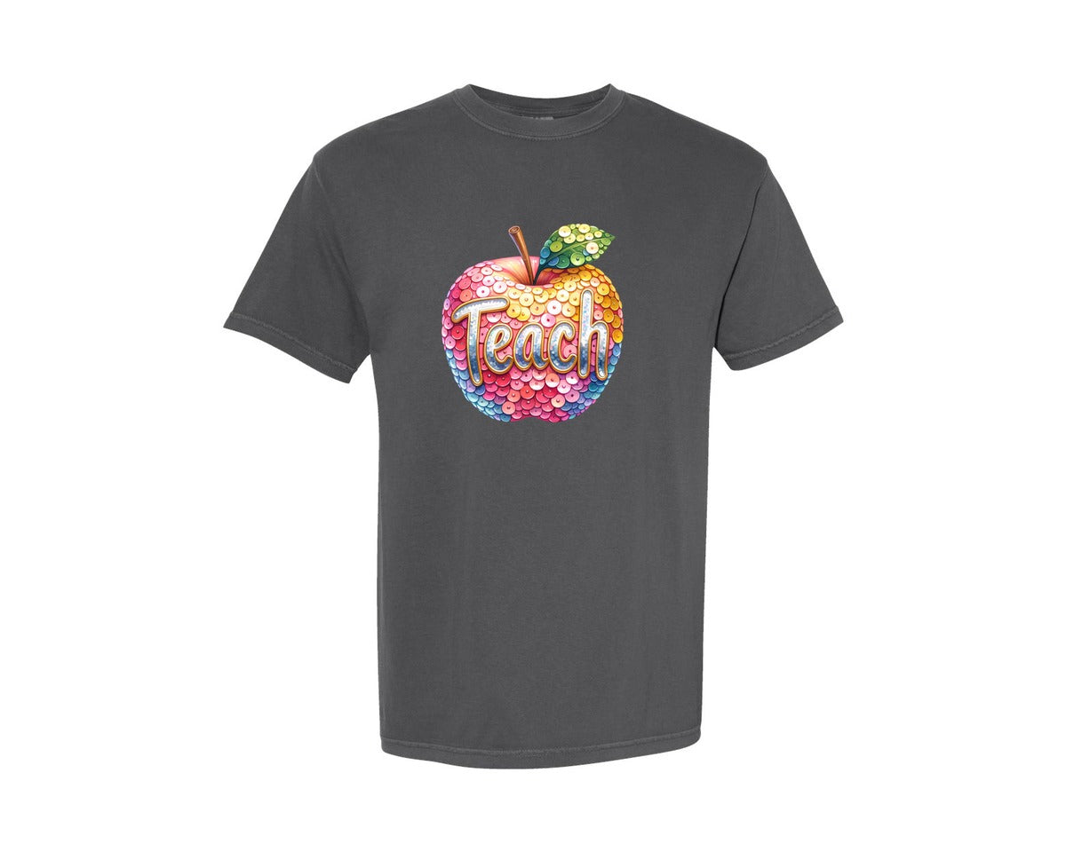 brand:Comfort Colors|color:Pepper|School Teach Sequin Apple Graphic T-Shirt