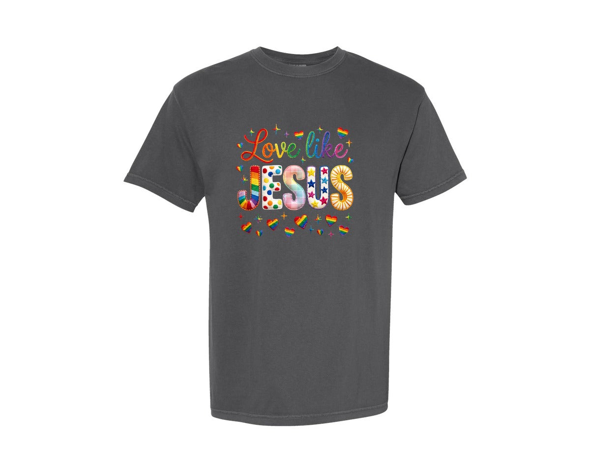 brand:Comfort Colors|color:Pepper|Love Like Jesus Rainbow Yarn Valentine Tshirt Graphic T-Shirt