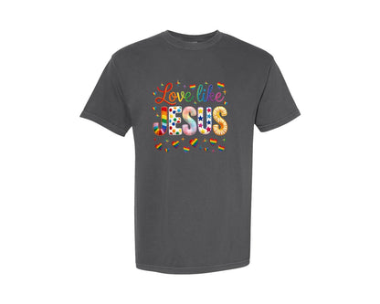 brand:Comfort Colors|color:Pepper|Love Like Jesus Rainbow Yarn Valentine Tshirt Graphic T-Shirt