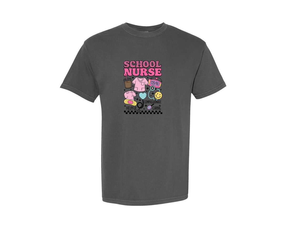 brand:Comfort Colors|color:Pepper|School Nurse 19 Graphic T-Shirt