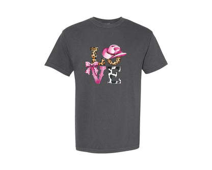 brand:Comfort Colors|color:Pepper|Western Cowgirl Leopard Cowhide Love Graphic T-Shirt