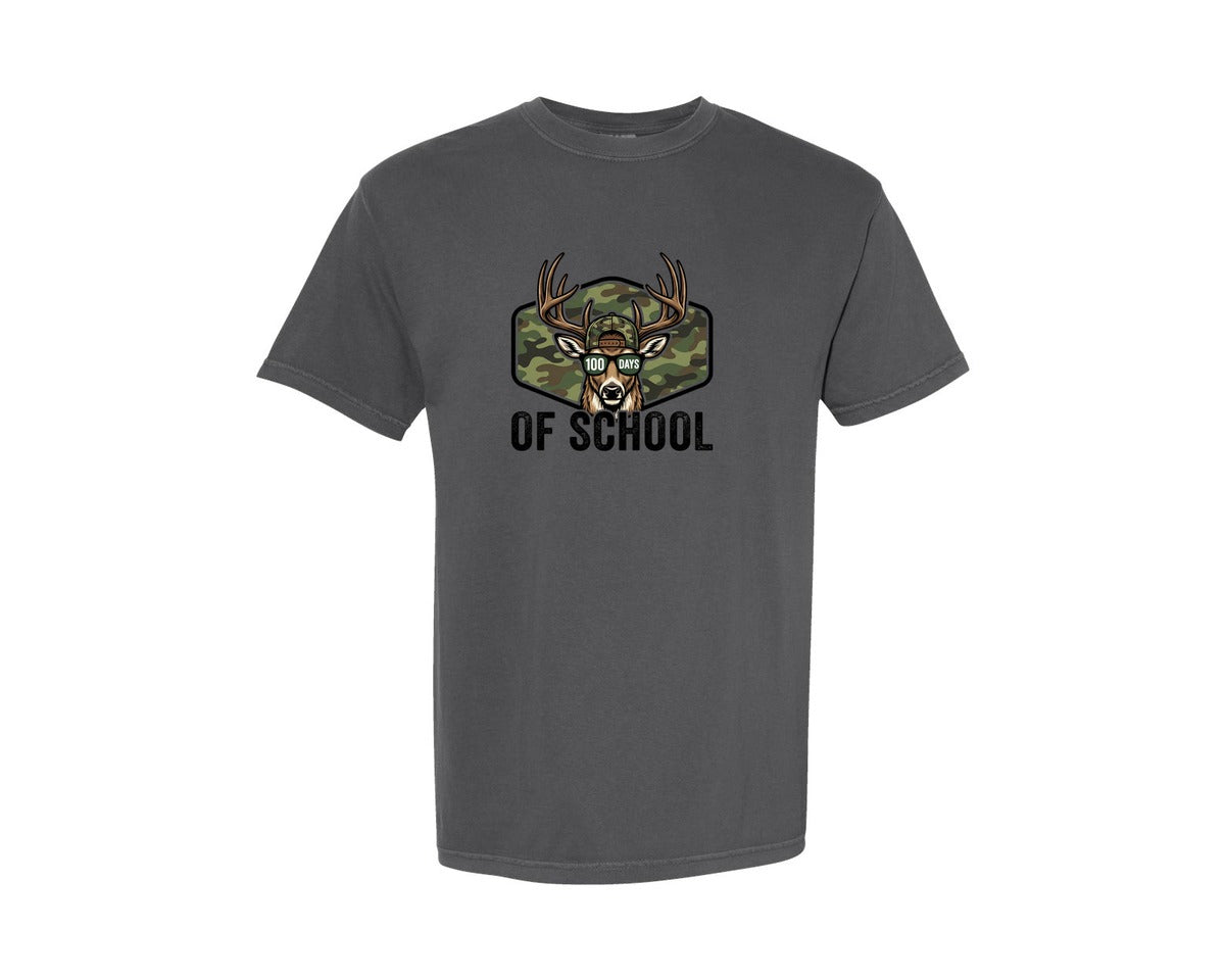 brand:Comfort Colors|color:Pepper|100 Days Of School Deer Camo Hunting Graphic T-Shirt