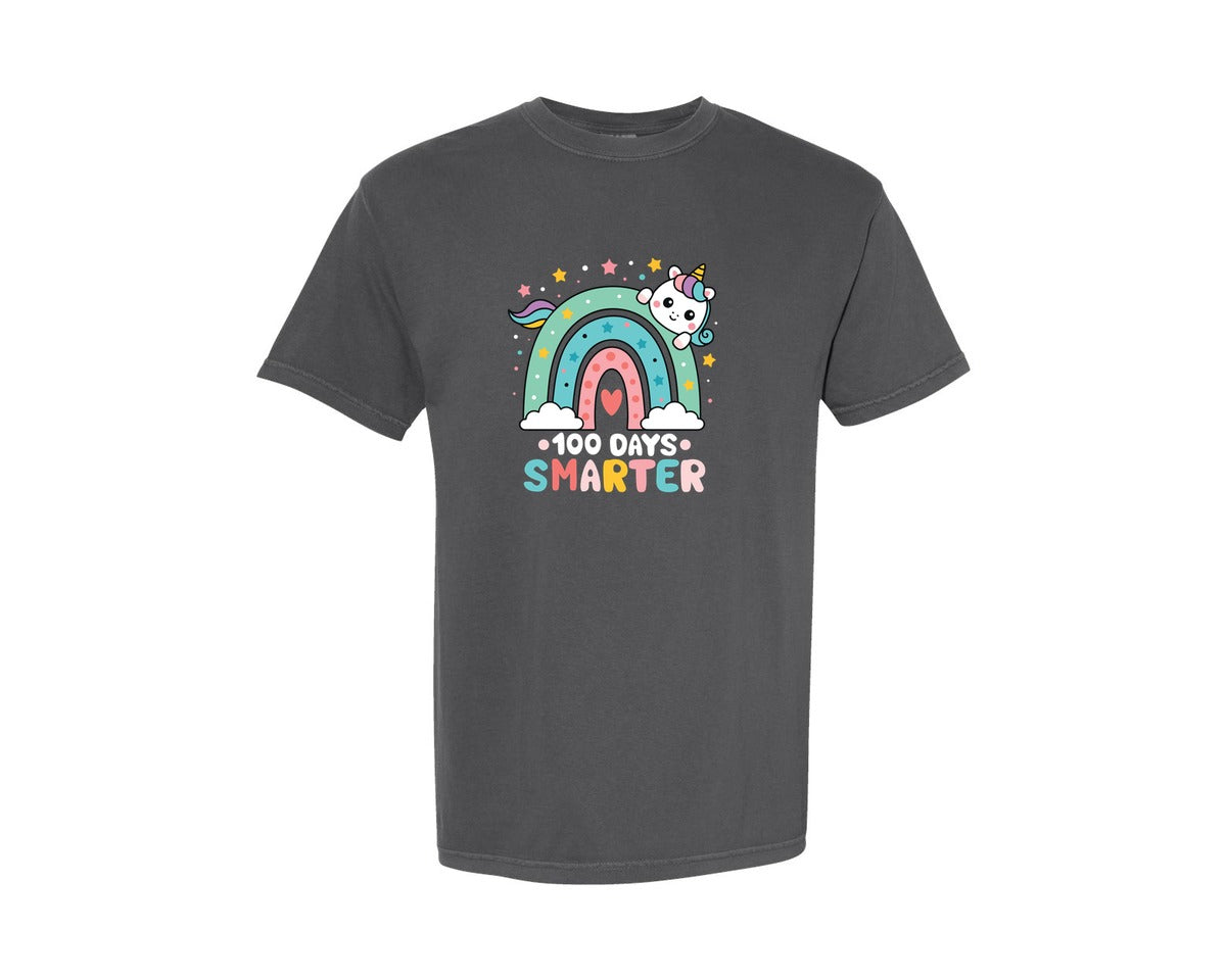 brand:Comfort Colors|color:Pepper|Rainbow Cute Unicorn 100 Days Smarter Graphic T-Shirt
