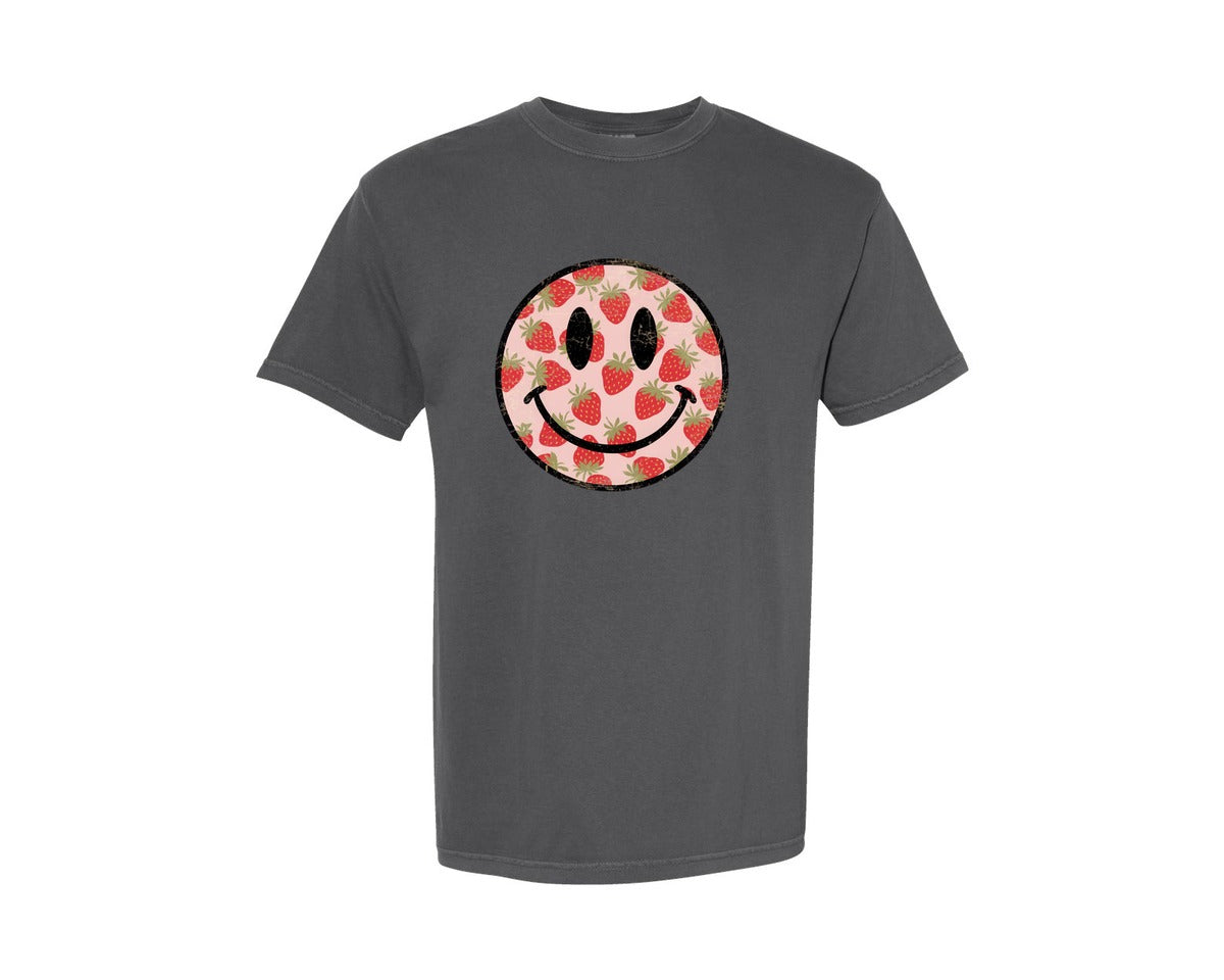 brand:Comfort Colors|color:Pepper|Distressed Strawberry Smiley Face Graphic T-Shirt